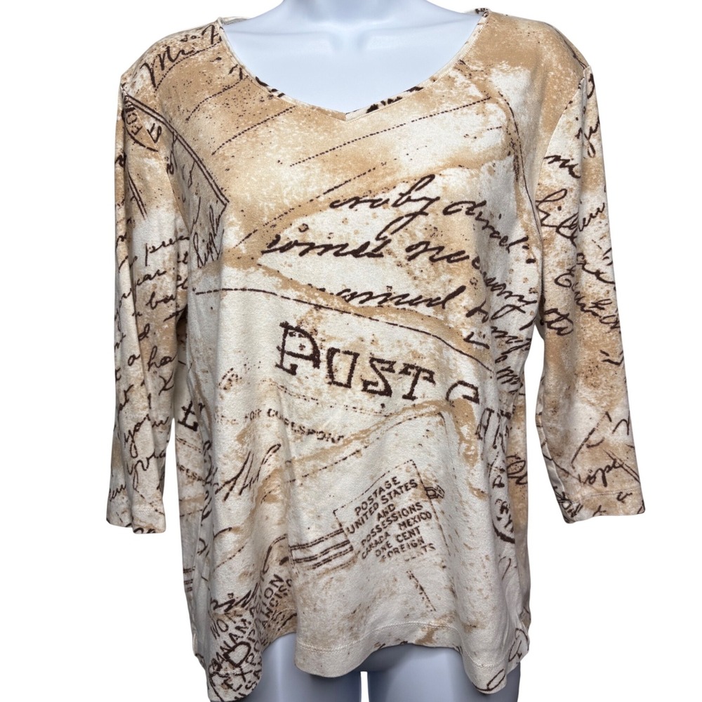 CHICO'S Womens Tan Postcard Script V-Neck Top Sz 2/L Artsy Cottagecore Librarian